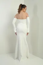 Kadın Straplez Takma Kollu Telalı Astarlı Krep Uzun Abiye Elbise