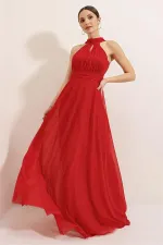 Boyundan Bağlamalı Astarlı Simli Uzun Elbise