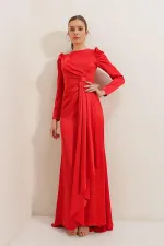 Long-sleeved satin dress with pleat detail at the front and lining.