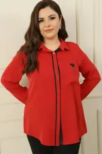 Önü Metal Düğmeli Tek Cepli Truvakar Kol Deri Detaylı Büyük Beden Gömlek