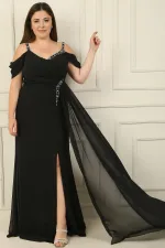 Kadın Taş Detay Askılı Düşük Kol Yanı Mendil Yırmaçlı Askılı Büyük Beden Şifon Uzun Elbise