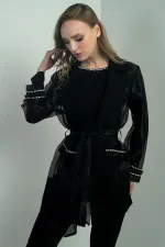 Kadın Organze Taş Boncuk Detaylı Kuşaklı Ceket Bluz 2'li Takım