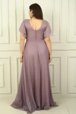 Kadın Ön Arka V Yaka Beli Taş İşlemeli Astarlı Simli Büyük Beden Abiye Elbise