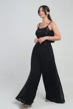 Pantalon palazzo en mousseline doublée, taille élastique, bordure latérale à sequins, pour femme