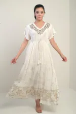 Women's V-Neck Beaded Lined Pocketed Flush Jacquard Long Dress