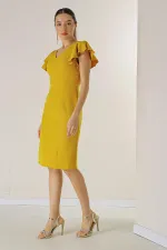 Ön Arka V Yaka Kolları Volanlı Astarlı Krep Elbise