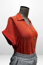 Kadın Polo Yaka Kendinden Desenli Keten Gömlek