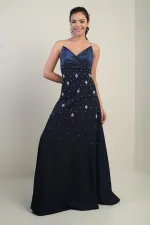 Robe longue évasée sans bretelles en taffetas pour femme avec double épissure de pierre