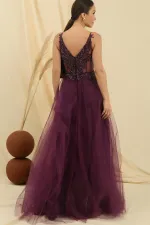 Strappy Long Tulle Dress with Guipure Bead Details and Lining