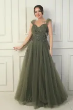 Kadın Ön Arka V Yaka Astarlı Düşük Kollu Üstü Aplike İşleme Prenses Abiye Elbise