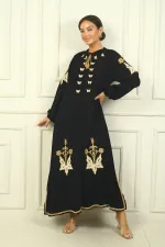 Women's Long Viscose Dress with Neckline, Butterfly Embroidery, and Elasticated Cuffs for a Relaxed Fit.