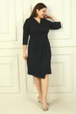 Kadın Kruvaze Yaka Uzun Kollu Astarlı Pileli Beli Aksesuar Detaylı Büyük Beden Simli Kısa Elbise