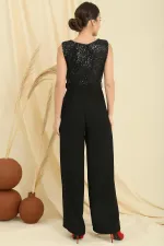 Cowl Neck Belted Waist Sequined Sleeveless Crepe Jumpsuit