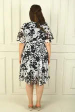 Women's Double-Breasted Collar Flounce Sleeve Lined Waist Belted Large Rose Chiffon Dress