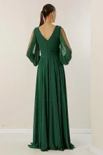 Front Back V Neck Draped Front Sleeves Tulle Lined Wide Body Long Chiffon Dress