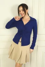 Kadın Polo V Yaka Düğüm Detaylı Fitilli Likralı Bluz