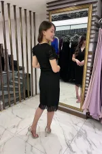 Kruvaze Yaka Astarlı Lastikli Kol Düğüm Detaylı Tül Elbise