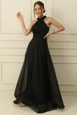 Boyundan Bağlamalı Astarlı Uzun Tül Elbise