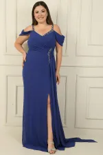 Kadın Taş Detay Askılı Düşük Kol Yanı Mendil Yırmaçlı Askılı Büyük Beden Şifon Uzun Elbise