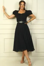 Balloon Sleeve Midi Length Lined Waist Belted Patchwork Fabric Dress