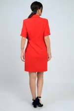 Women's Shawl Collar Short Crepe Dress with Buckle Detail and Padded Shoulders