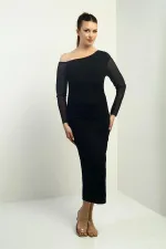 Kadın Kristal Tül Kollu Beli Büzgülü Uzun Elbise