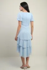 Kadın Kruvaze Yaka Arkası Fermuarlı Katkat Pileli Şifon Elbise