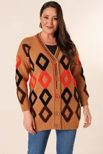 Oversize Havlu Baklava Desen Uzun Triko Hırka