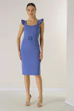 Askıları Fırfırlı Glop Detaylı Astarllı Beli Kemerli Krep Elbise