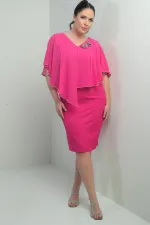 Kadın Ön Arka V Yaka Üstü Şifon Taş Detaylı Güllü Büyük Beden Krep Kısa Elbise