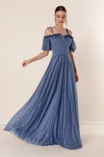 Long Dress with Pleated Neckline, Balloon Sleeves, Lined, and Glittery Embellishments.