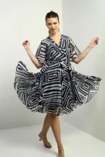 Women's Wrap Neckline Belted Lined Geometric Pattern Chiffon Dress