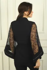 Women's Beaded Lace Spanish Sleeve Belted Waist Lined Jacket