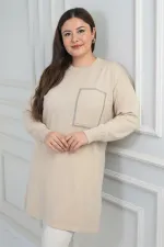 Women's Single Front Pocket Stone Print Detailed Plus Size Knitwear Tunic Blouse