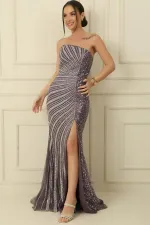 Taş Ve Pul İşlemeli Önü Yırtmaçlı Astarlı Uzun Elbise