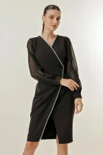 Double-Breasted Chiffon Sleeves Half-Lined Dress with Shiny Stone Detail on the Front
