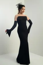 Kadın Straplez Takma Kollu Telalı Astarlı Krep Uzun Abiye Elbise