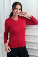 Kadın V Yaka Taş Baskı Detaylı Fitilli Triko Bluz