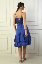 Jupe à bretelles pour femme, doublée et drapée, avec double volant en satin