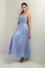 Women's V-Neck Strapless Lined Organza Satin Midi Dress