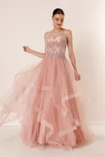 Long, Layered Tulle Taffeta Evening Dress with Beaded Embellishments