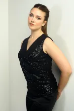 Blouse à sequins doublée, sans manches, avec encolure cache-cœur et drapée sur le devant, pour femme