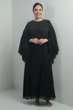 Kadın Üstü Taş Boncuk Baskılı Pelerin Astarlı Uzun Şifon Büyük Beden Elbise