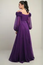 Women's Floral Madonna Neckline Belted Lined Chiffon Long Dress