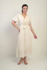 Women's V-Neck Front Tasseled Lined Long Lace Dress