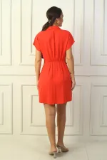 Kadın Önü Düğmeli Düğüm Detaylı Bel Lastikli Lyocell Pamuk Kısa Elbise