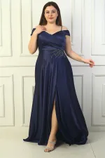 Kadın Ön Arka V Yaka İp Askılı Düşük Kol Taş İşlemeli Astarlı Büyük Beden Uzun Saten Abiye Elbise