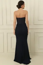 Kadın Üstü Boncuk İşlemeli Balenli Transparan Önü Volanlı Yırtmaçlı Astarlı Uzun Elbise