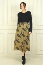 Kadın Beli Kemerli Eteği Şal Desenli Astarlı Elbise