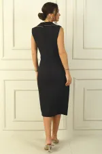 Polo Collar Wrap Dress with Stone Details, Draped, 3-Button, Half-Lined